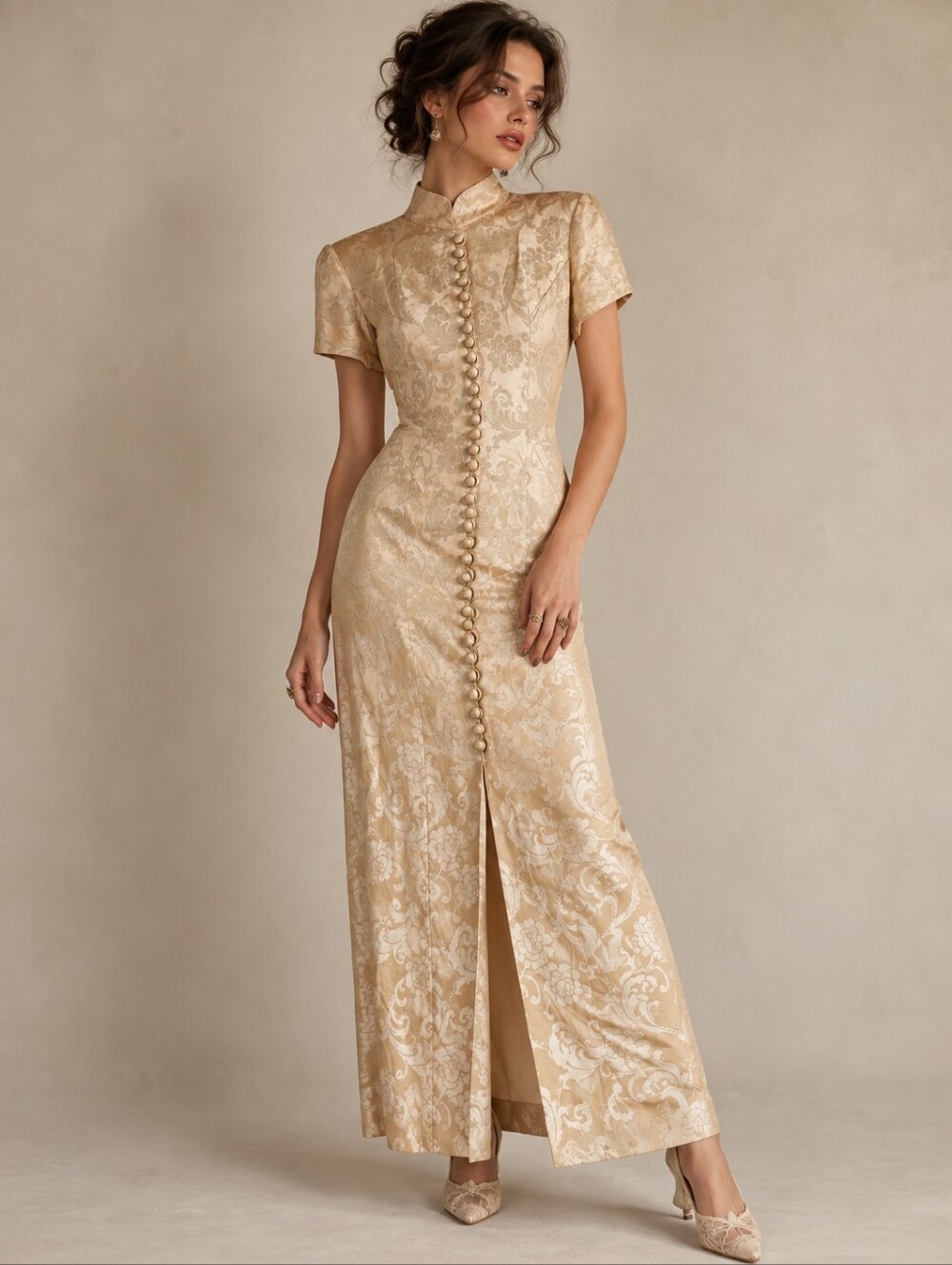 Vintage Algo Floral Satin Maxi Dress Size 6 Victorian Button Detail
